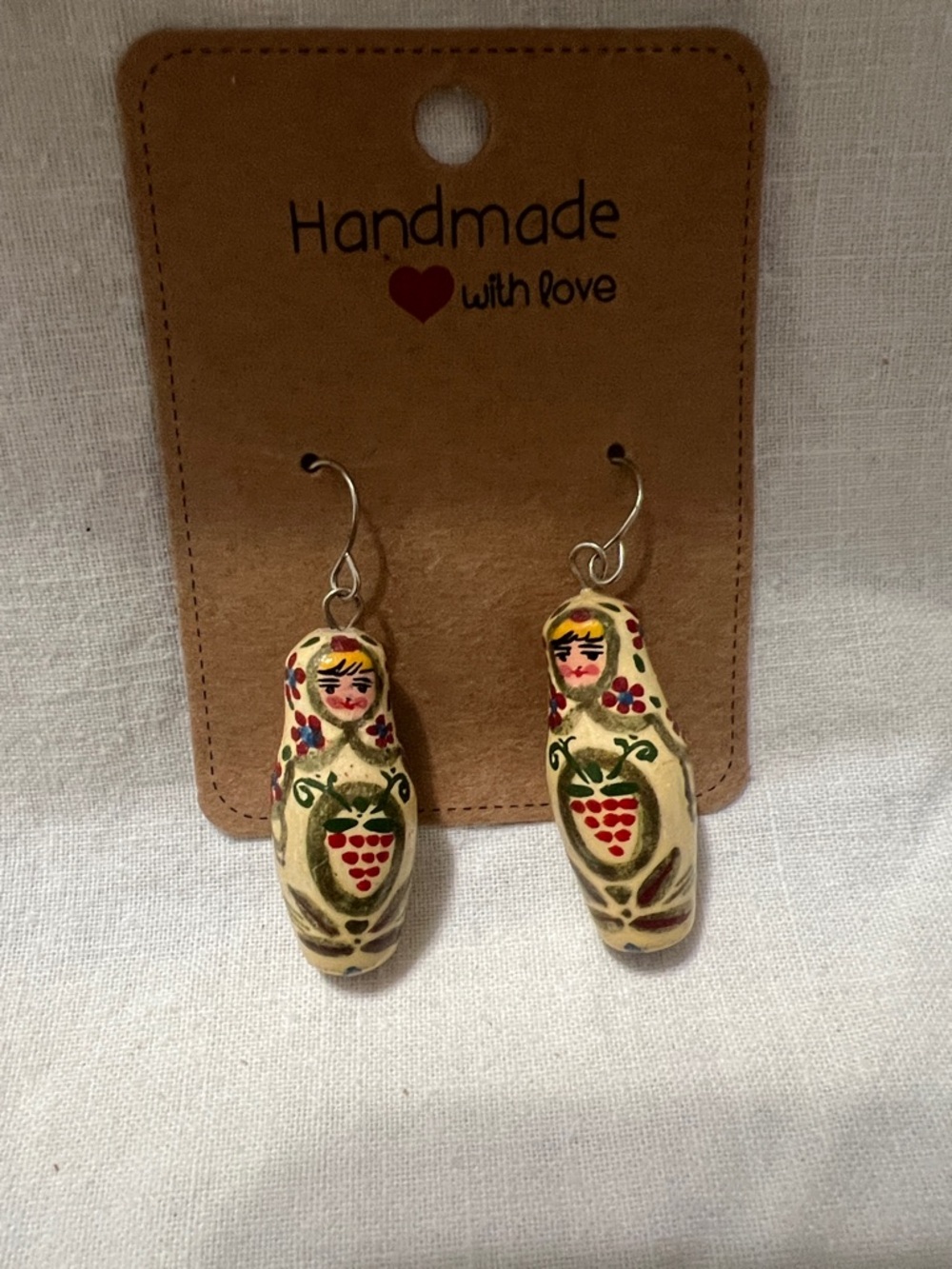 Handmade Cream Matryoshka Doll Drop Earrings - Artisan Women's Jewelry